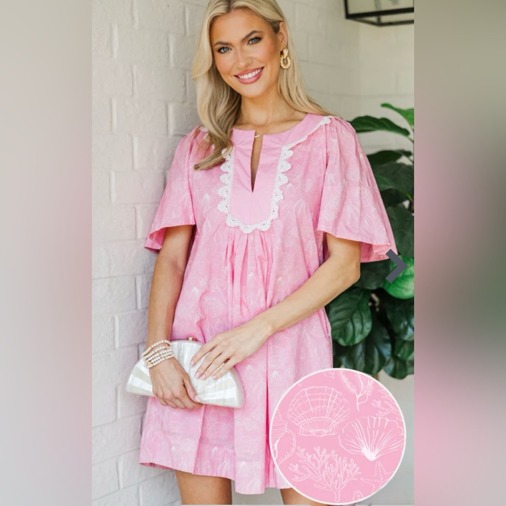 Mint Julep Boutique Pink White Ditzy Lacy Floral Cotton Dress Pockets Large NWT - Picture 2 of 10